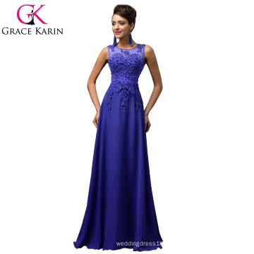 Grace Karin sem mangas V-Back Beaded Blue Chiffon Prom Dress Long CL007555-6